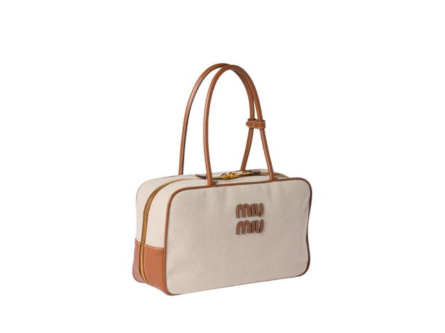 Miu Miu Miu Miu Beau Canvas And Leather Large Bag Beige Brandy - view 2
