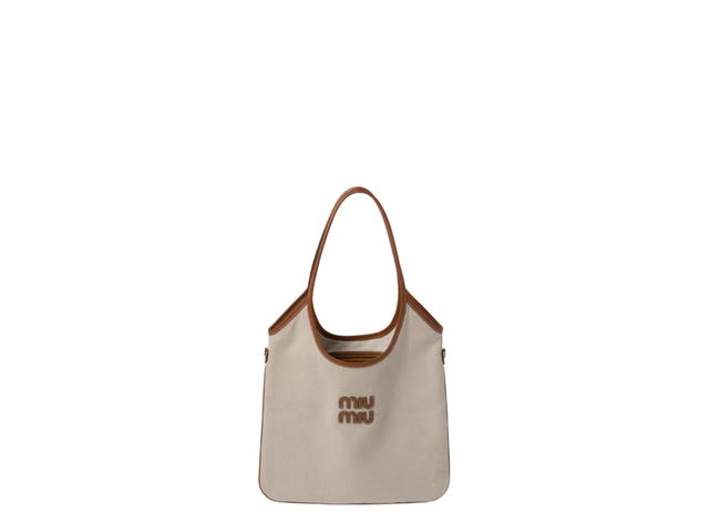 Miu Miu Miu Miu Ivy Canvas Bag In Leather Lettering Logo With Gold-Tone Hardware Beige Brandy - view 1