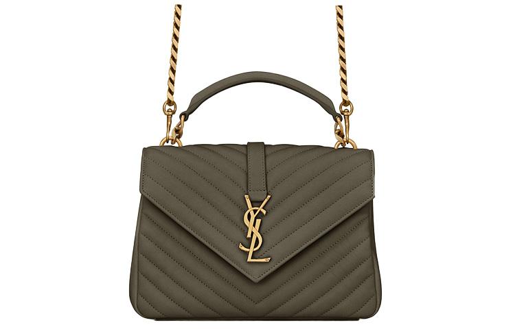 Saint Laurent Saint Laurent College Quilting Leather Handbag Shoulder Bag Crossbody Bag Medium Size Women's Gray Khaki