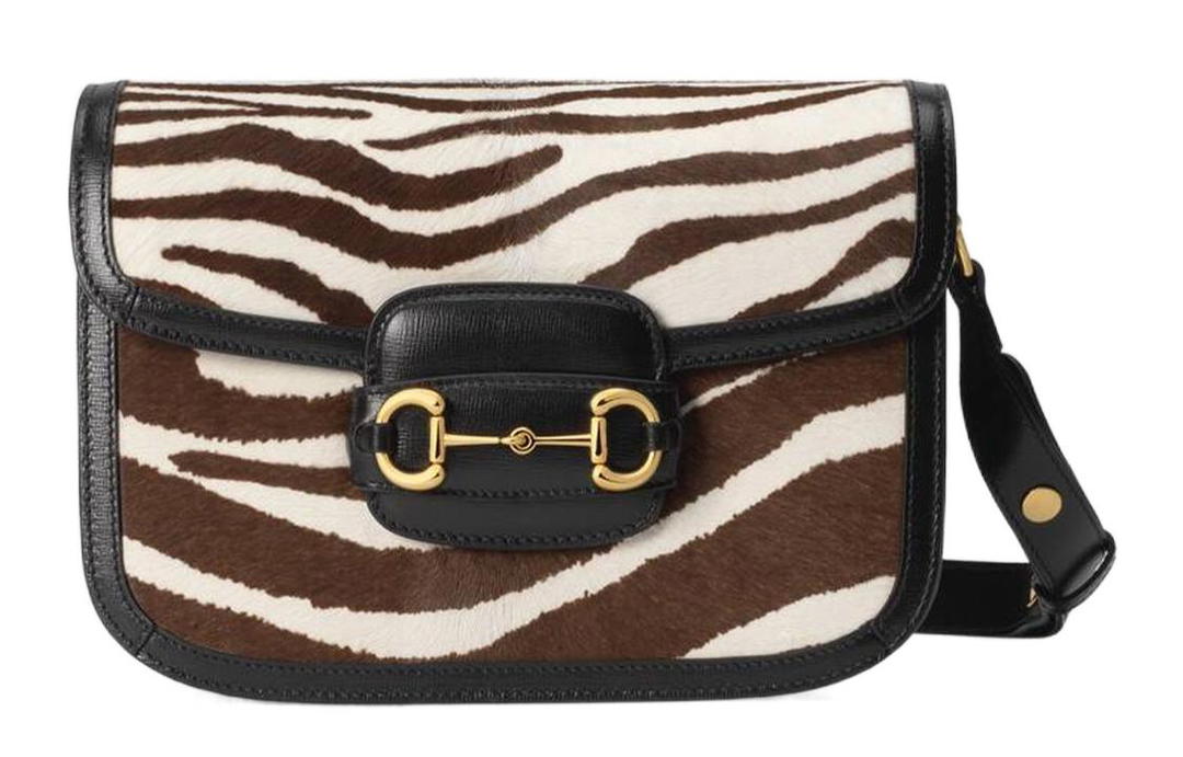 Gucci Gucci Horsebit 1955 Calf Hair Patchwork Leather Saddle Bag Crossbody Shoulder Bag Small Size Women's Brown & White