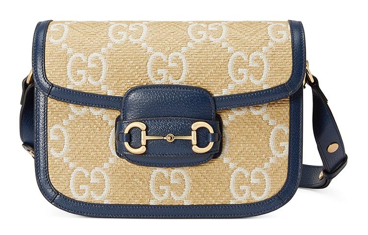 Gucci Gucci Horsebit 1955 Raffia With Leather Saddle Bag Shoulder Bag Crossbody Bag Small Size Women's Beige/Blue