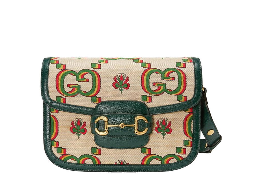 Gucci Gucci Horsebit 1955 Jacquard With Leather Saddle Bag Beige Green
