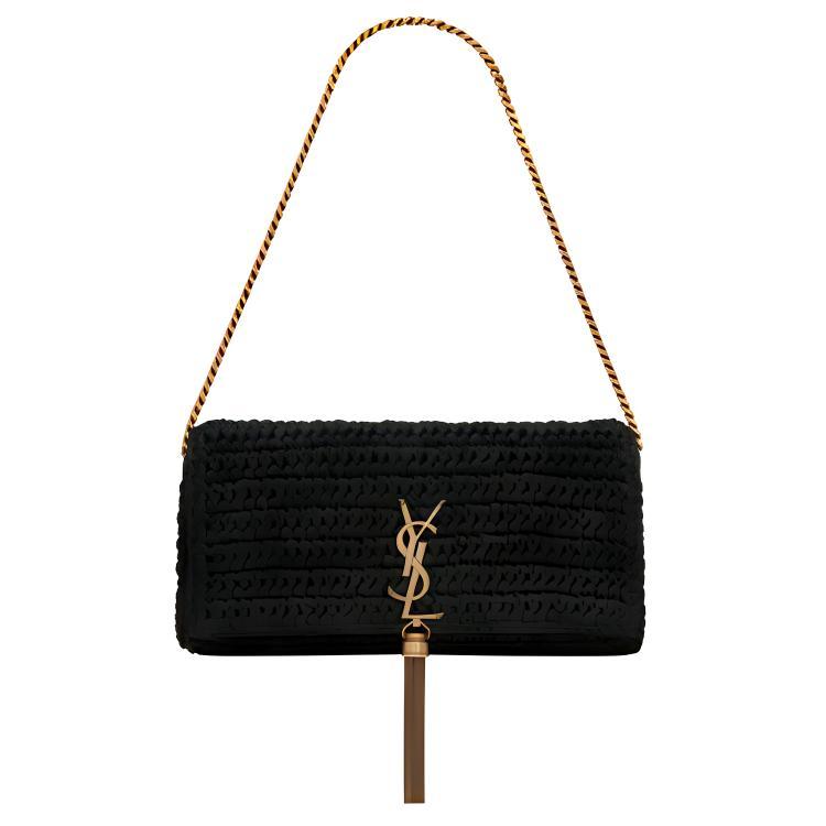 Saint Laurent Saint Laurent Woven Faux Grass Fabric Tassel Bag Shoulder Bag Clutch Chain Crossbody Handbag Shoulder Bag Women's Black