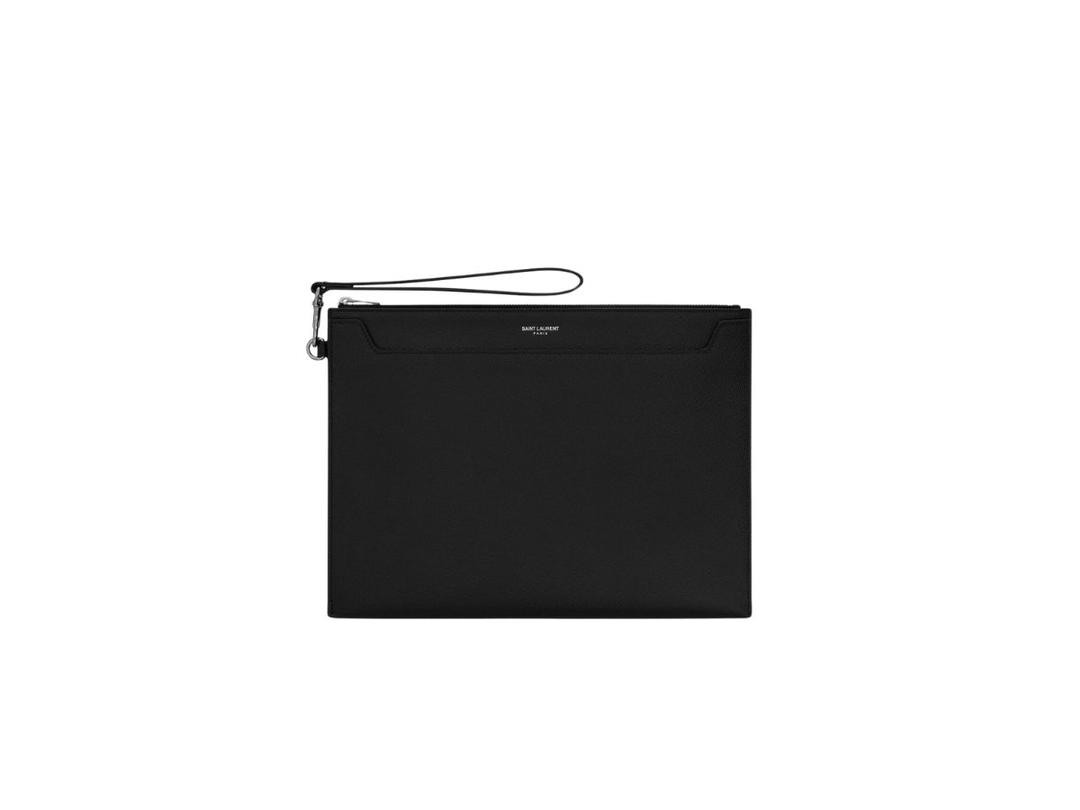 Saint Laurent Saint Laurent Tablet Holder In Grain De Poudre Embossed Leather With Silver-Toned Metal Hardware Black