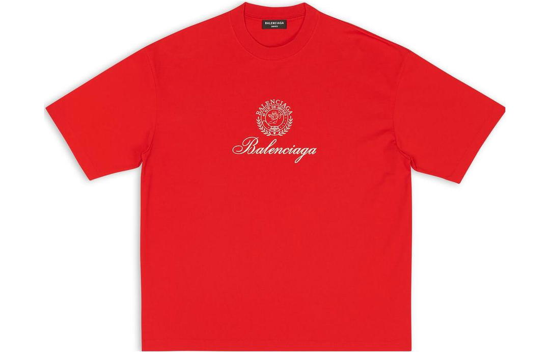 Balenciaga Balenciaga Logo Emblem Round Neck Pullover Short-Sleeved T-Shirt Loose Fit Style Men's Red