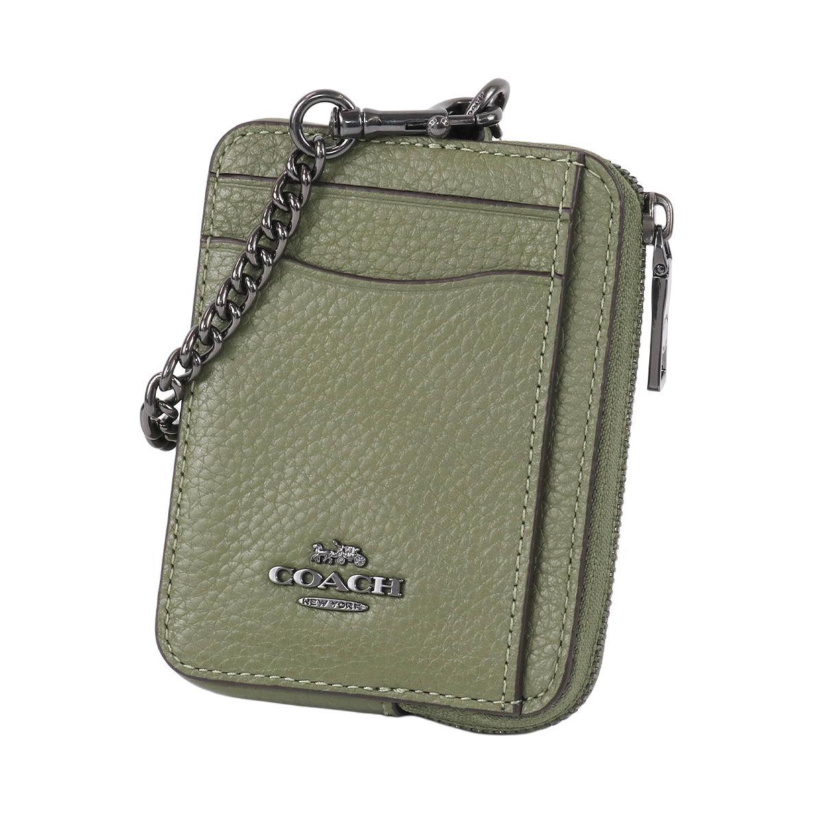 Coach Coach Card Case Pebbled Leather Card Holder Mini Women's Army Green