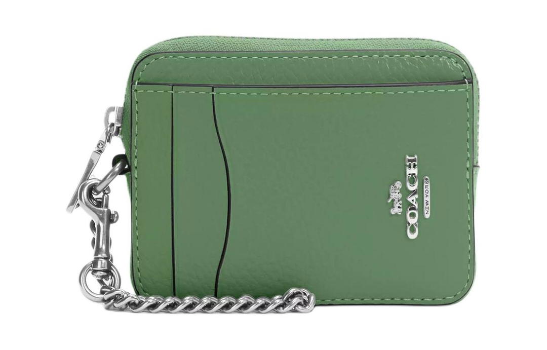 Coach Coach Card Case Delicate Pebbled Leather Card Holder Mini Women's Silver & Light Green