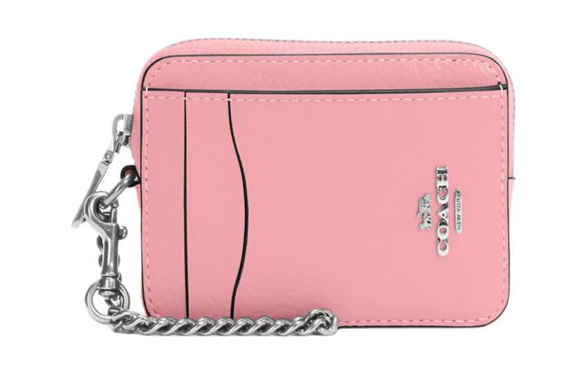 Coach Coach Card Case Pebbled Leather Card Holder Mini Women's Silver & Blossom Pink