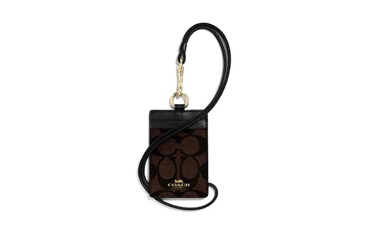 Coach Coach Lanyard Coated Canvas Leather Card Holder Women's Black Brown