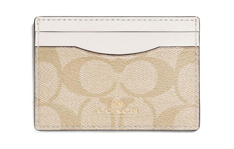 Coach Coach Card Case Canvas With Leather Card Holder Women's Light Khaki Monogram & White