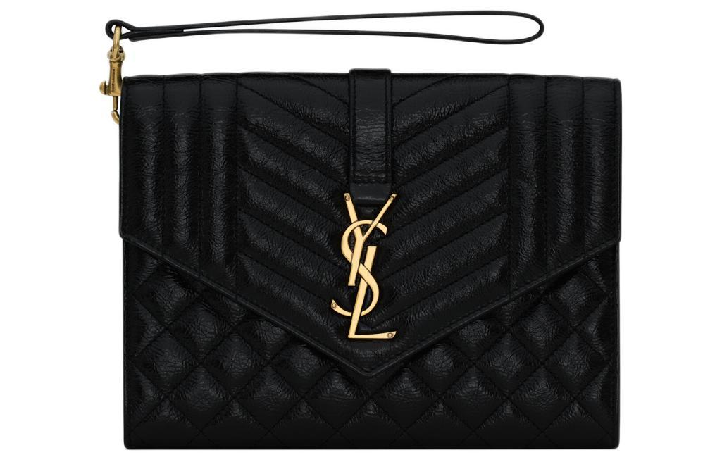Saint Laurent Saint Laurent Textured Shiny Grained Leather Envelope Bag Clutches Women's Black