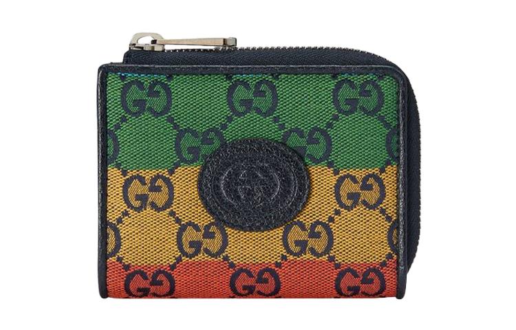 Gucci Gucci Canvas Leather Label Wallet Canvas Bag Coin Purse Mini Men's Green & Yellow & Orange