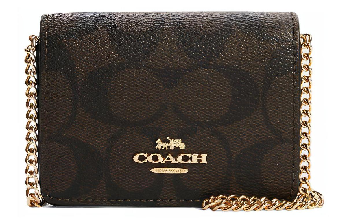 Coach Coach Chain Canvas With Leather Chain Wallet Shoulder Bag Crossbody Bag Mini Women's Dark Brown