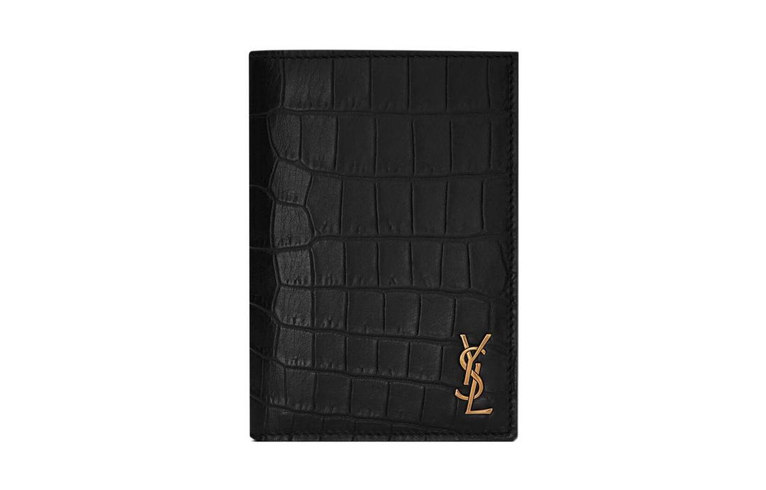 Saint Laurent Saint Laurent Crocodile Pattern Embossed Matte Calfskin Card Holder Wallet Small Size Men's Black