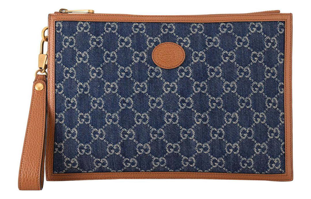 Gucci Gucci GG Denim With Leather Clutch Regular Men's Blue/Brown