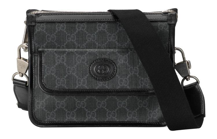 Gucci Gucci GG Retro Series Leather Paneled Canvas Messenger Bag Crossbody Bag Shoulder Bag Men's Black Gray Color