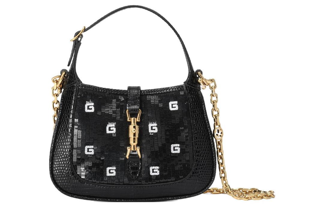 Gucci Gucci Jackie 1961 Silk Fabric With Lizard Skin Accents Crescent Shoulder Bag Shoulder Bag Mini Women's Black