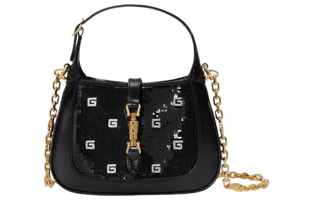 Gucci Gucci Jackie 1961 Sequins Silk Satin With Leather Trim Handbag Shoulder Bag Mini Women's Black & White