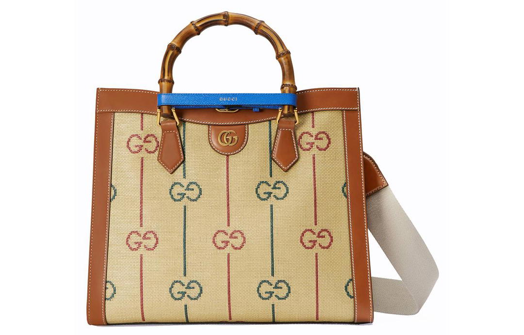 Gucci Gucci Diana Jacquard Cotton Fabric With Leather Tote Bag Shopping Bag Handbag Medium Size Women's Beige/Brown