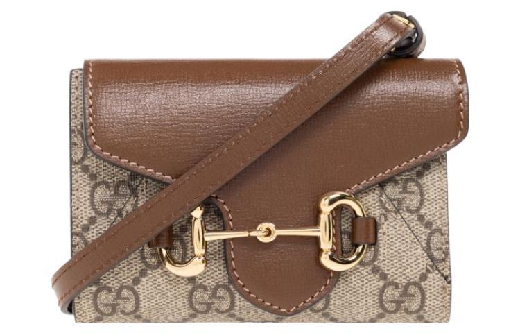 Gucci Gucci Horsebit 1955 Canvas With Leather Crossbody Bag Coin Purse Card Holder Wallet Mini Women's Beige/Ebony