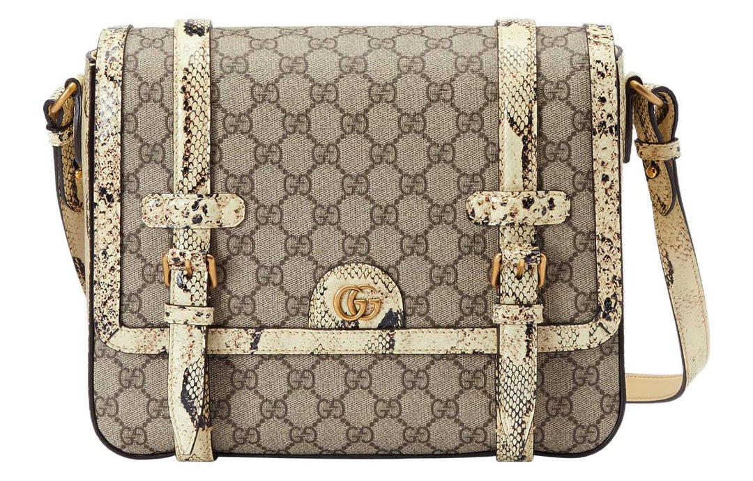 Gucci Gucci Canvas With Snake Skin Trim Messenger Bag Shoulder Bag Crossbody Bag Medium Size Men's Ebony