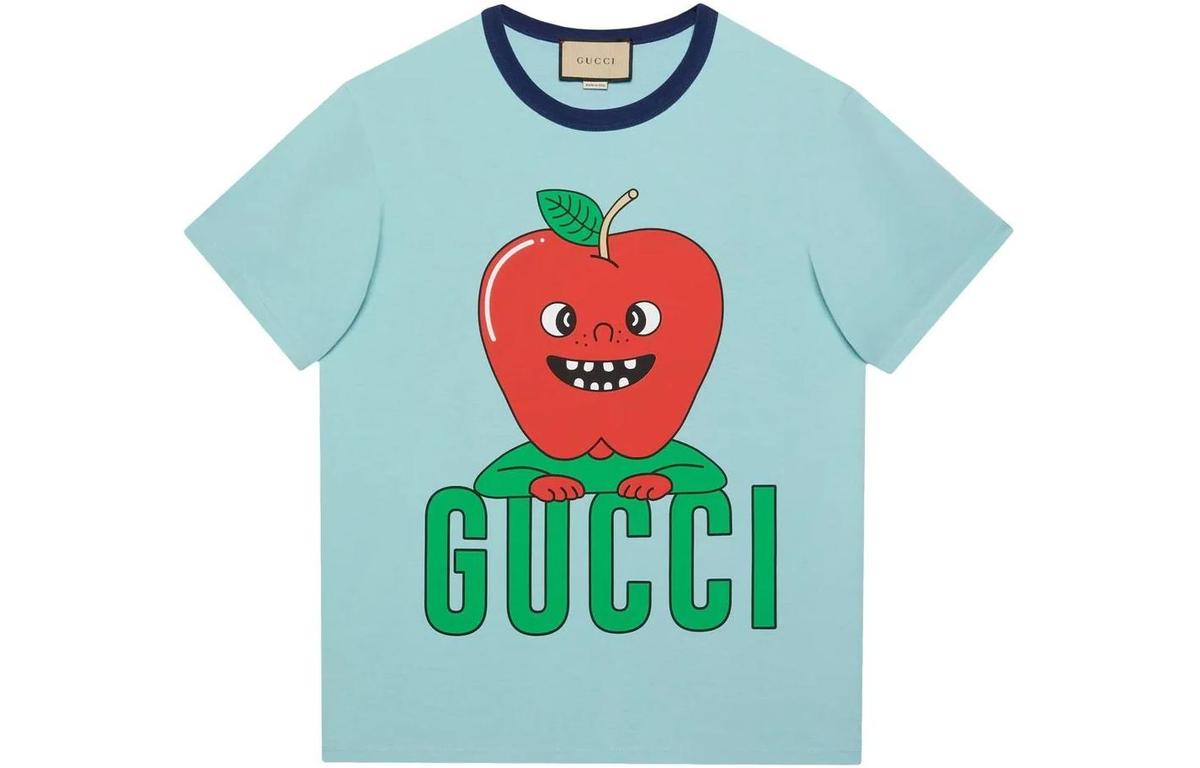 Gucci Gucc SS24 Apple Print Cotton T Shirt Light Blue