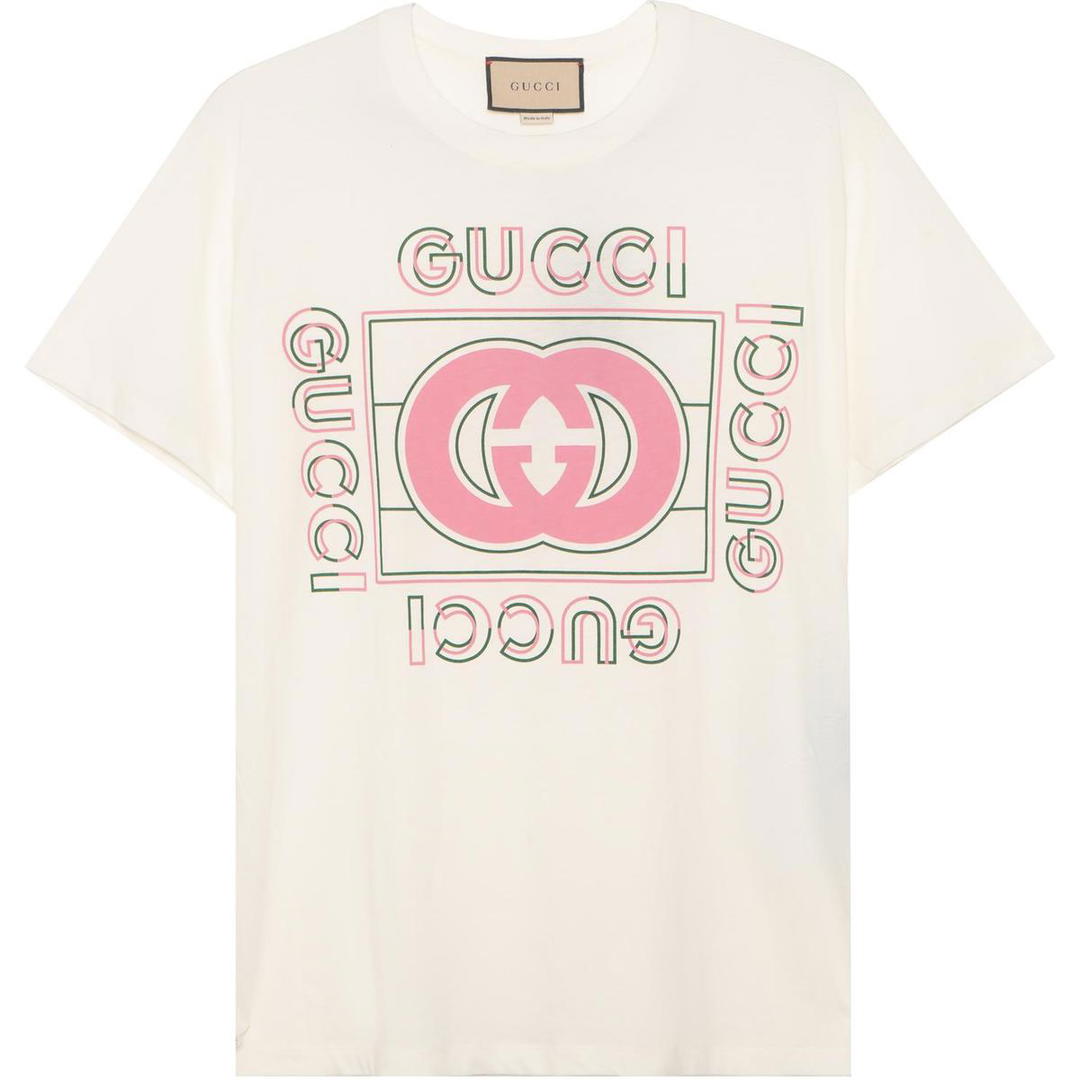 Gucci Gucci Women's Oversized Vintage Logo Print T Shirt Off White/Pink/Green