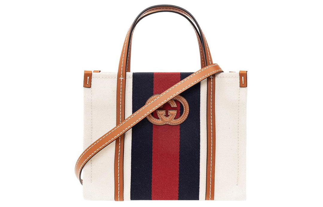 Gucci Gucci Cotton With Canvas And Leather Trim Tote Bag Shopping Bag Handbag Mini Men's White/Dark Blue/Red/Brown