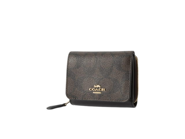 Coach Coach Small Trifold Wallet In Signature Canvas Brown Black - view 1