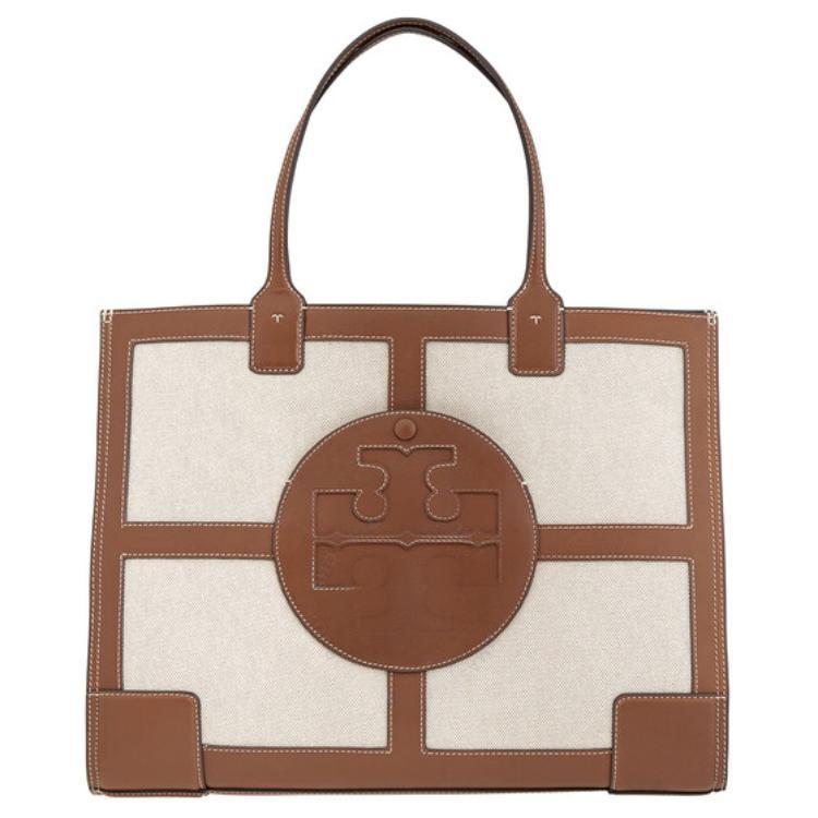 Tory Burch TORY BURCH Ella Canvas With Leather Tote Bag Shopping Bag Shoulder Bag Handbag Large Size Women's Beige Brown