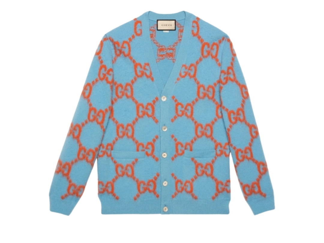 Gucci Gucci Wool Cardigan with GG Intarsia Light Blue Orange