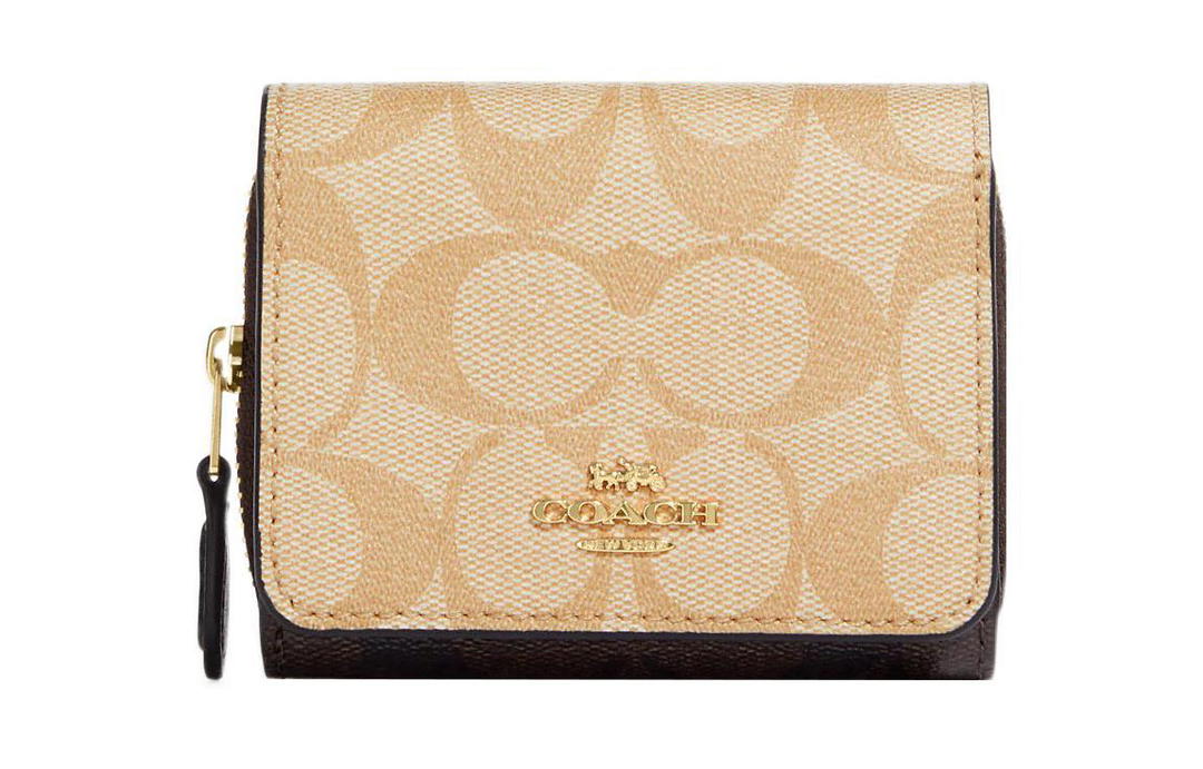 Coach Coach Trifold Wallet Coated Canvas With Smooth Leather Detail Card Holder Wallet Small Size Women's Light Khaki & Brown