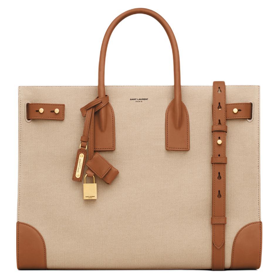 Saint Laurent Saint Laurent SAC DE JOUR Calfskin With Cotton Tote Bag Shopping Bag Handbag Large Size Men's Beige And Brick Red