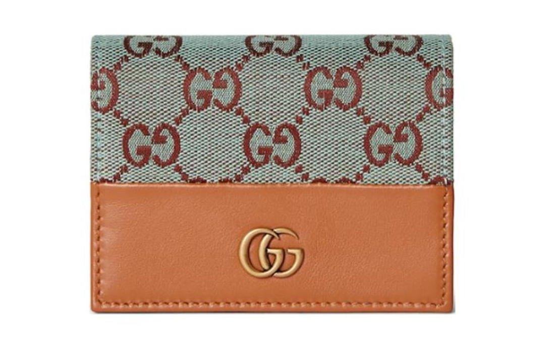Gucci Gucci Canvas With Leather Binding Card Holder Women's Light Blue & Brown