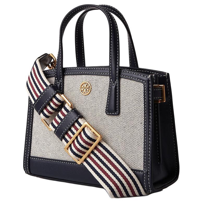 Tory Burch TORY BURCH Walker Canvas With Leather Canvas Bag Crossbody Bag Handbag Mini Women's Gray & Dark Blue