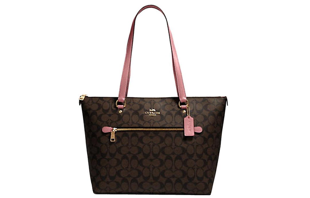 Coach Coach Gallery Leather Tote Bag Shopping Bag Handbag Shoulder Bag Women's Dark Brown & Pastel Pink Multicolor