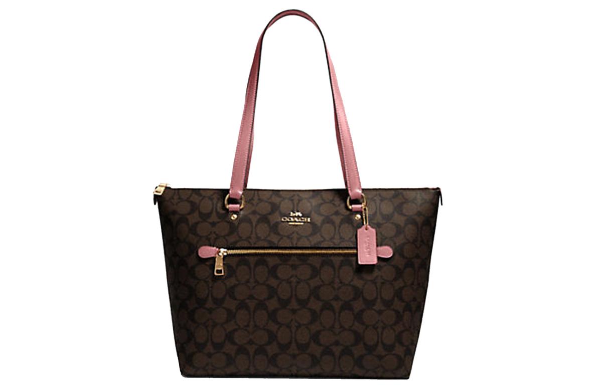 Coach Coach Gallery Leather Tote Bag Shopping Bag Handbag Shoulder Bag Women's Dark Brown & Pastel Pink Multicolor