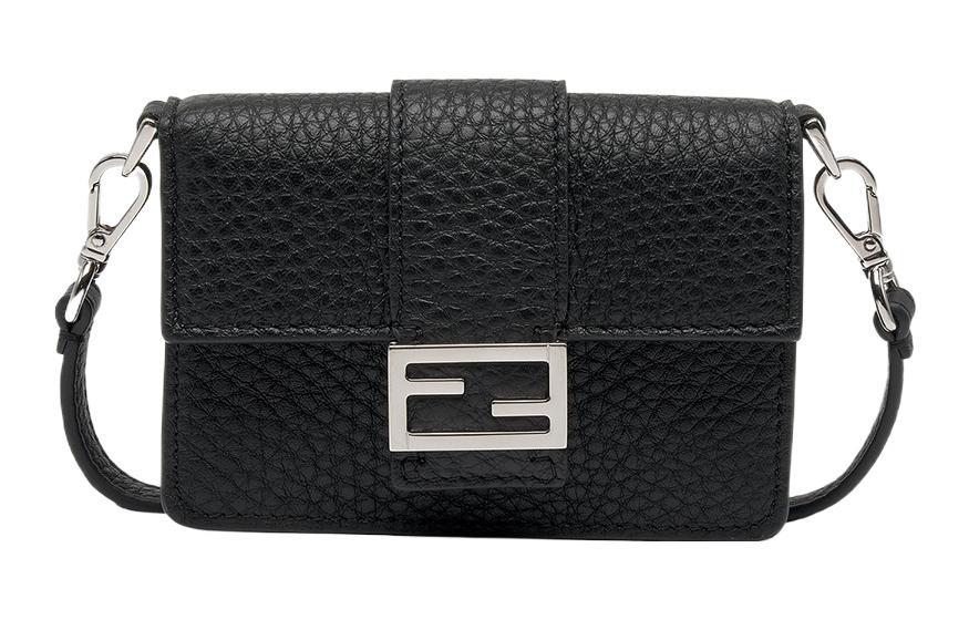 Fendi FENDI Baguette Calfskin Baguette Bag Clutch Necklace Pouch Shoulder Bag Men's Black