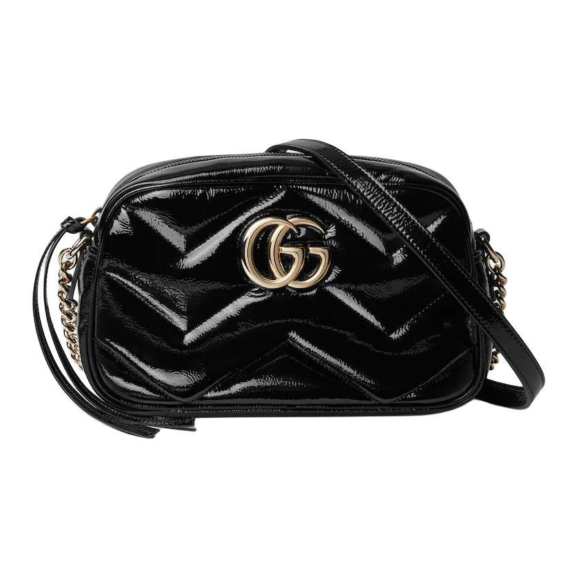 Gucci Gucci Quilting V-Shape Pattern Patent Leather Shoulder Bag Crossbody Bag Small Size Women's Black