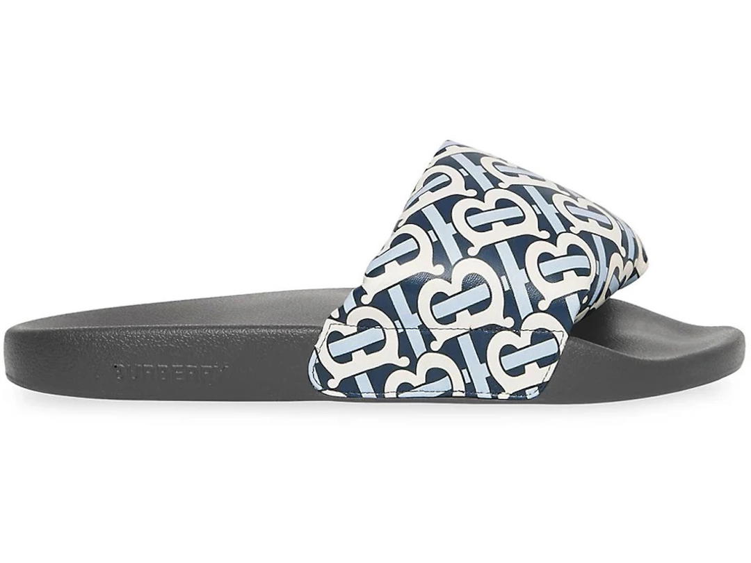 Burberry Burberry Furley TB Flock Slides White Navy Leather (Women's)