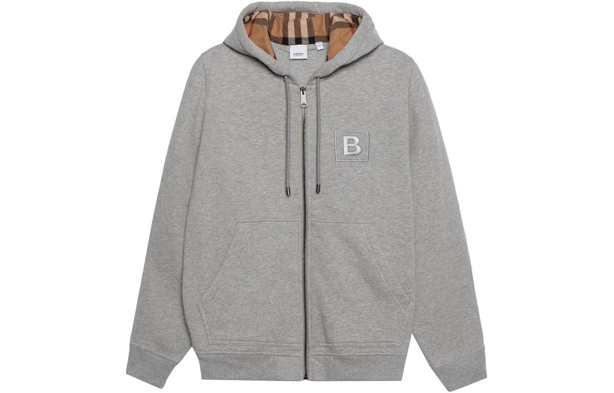 Burberry Burberry Men Letter Graphic Cotton Blend Zip Hoodie Pale Grey Melange