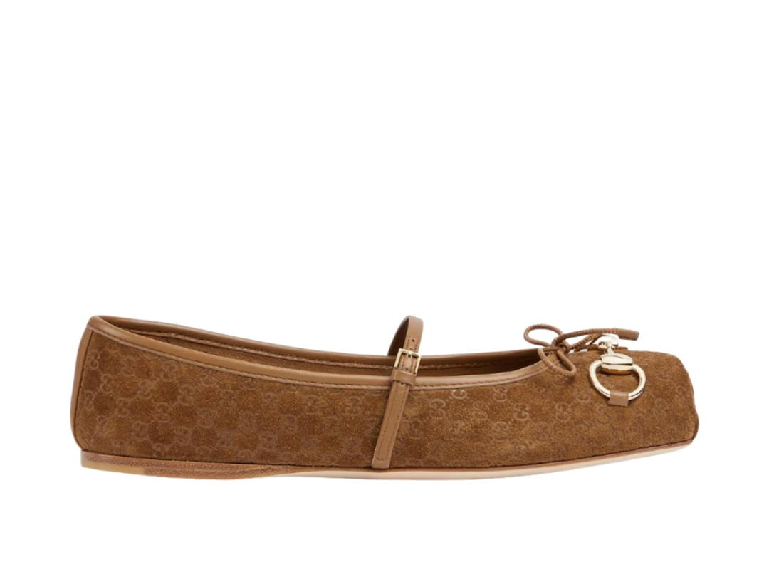 Gucci Gucci Horsebit Ballet Flat In Light Brown Mini GG Suede With Light Gold-Toned Hardware