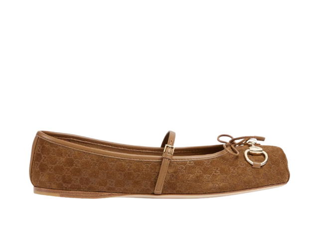 Gucci Gucci Horsebit Ballet Flat In Light Brown Mini GG Suede With Light Gold-Toned Hardware - view 1