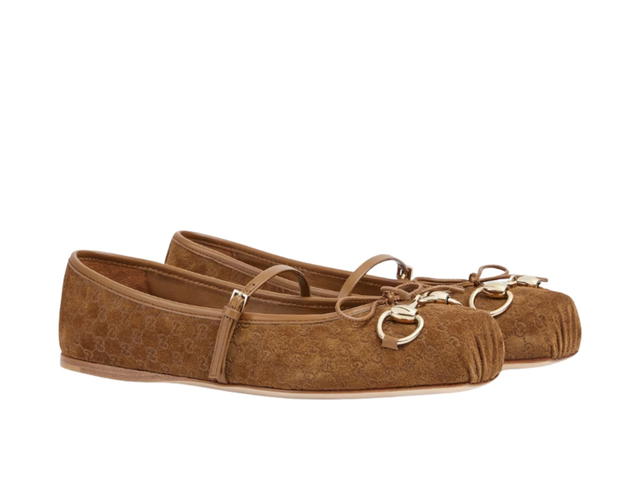 Gucci Gucci Horsebit Ballet Flat In Light Brown Mini GG Suede With Light Gold-Toned Hardware - view 2
