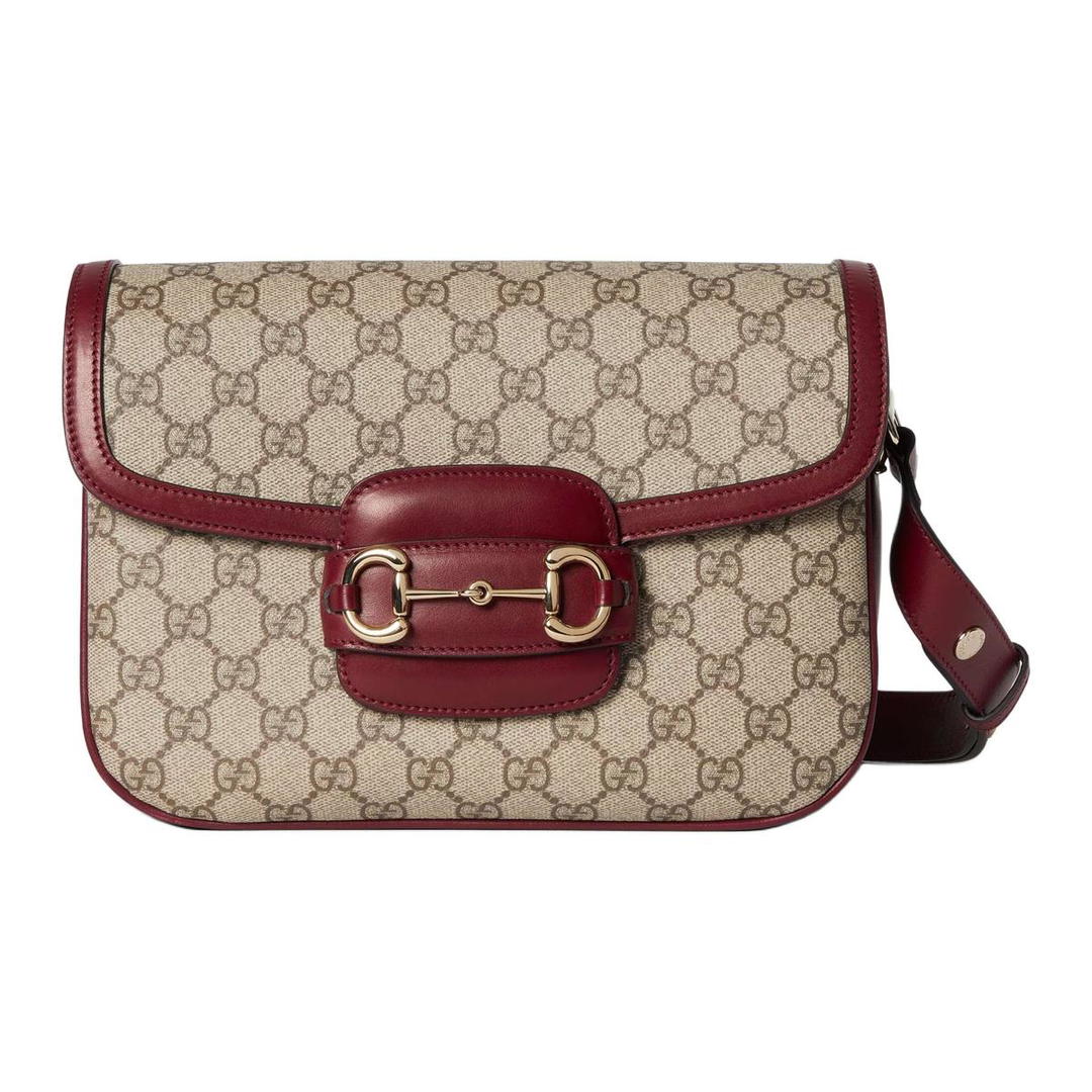 Gucci Gucci Horsebit 1955 Canvas With Leather Crossbody Bag Shoulder Bag Women's Beige & Red
