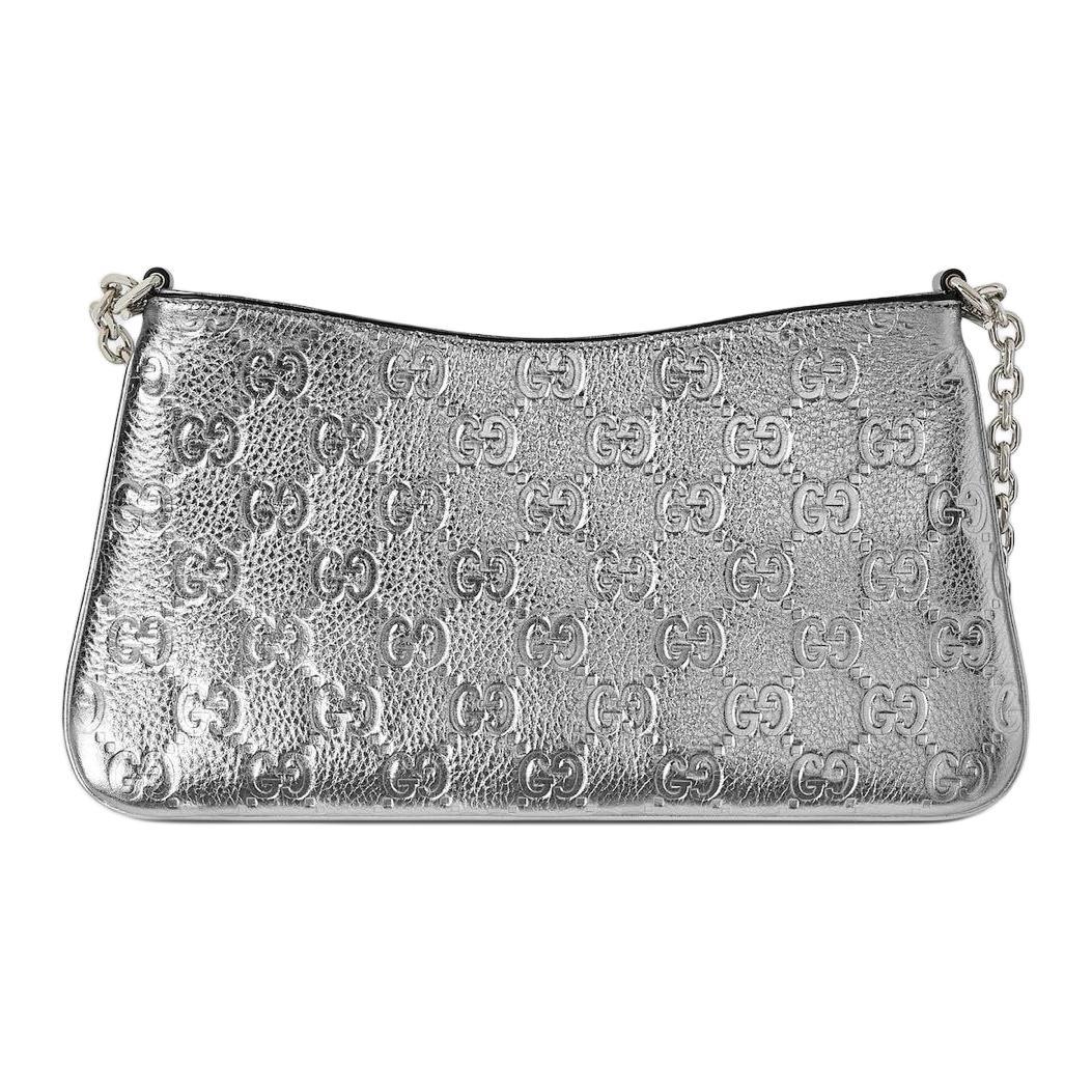 Gucci Gucci GG Emblem Grained Leather Crossbody Bag Shoulder Bag Small Size Women's Silver