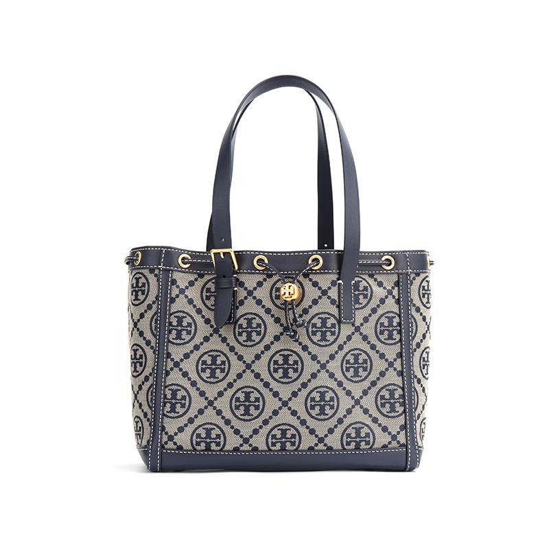 Tory Burch TORY BURCH T Monogram Woven Jacquard With Leather Bucket One Shoulder Handbag Small Size Women's Marine Blue