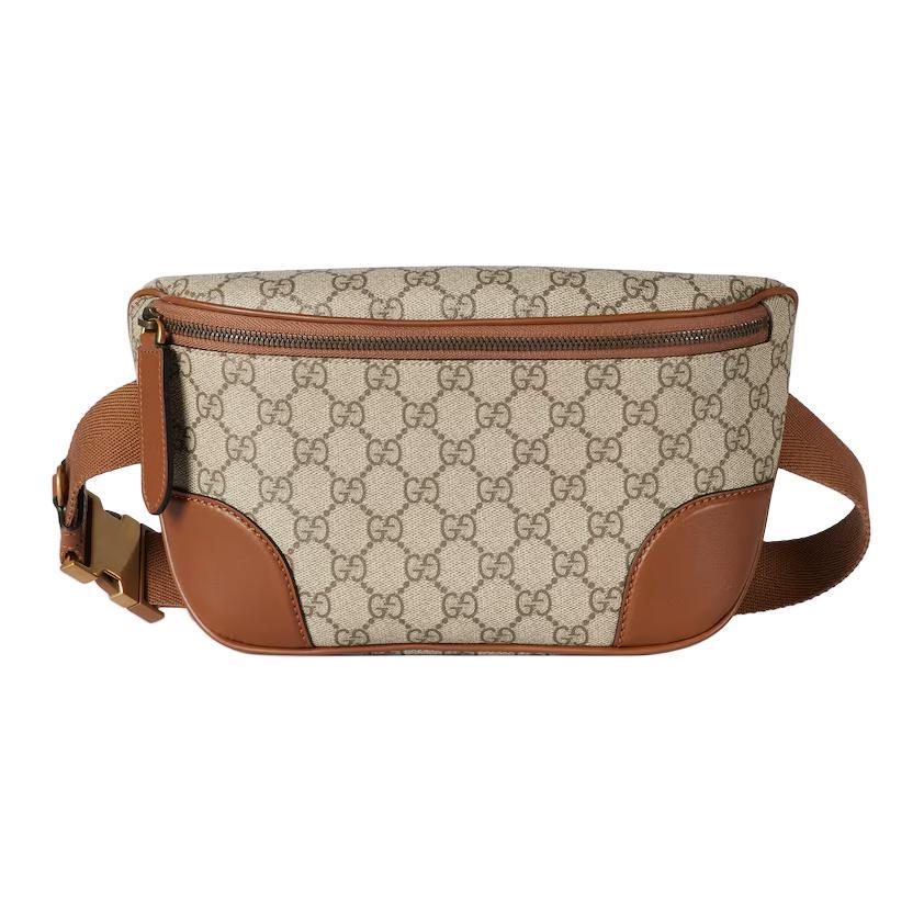 Gucci Gucci Leather Trim Fanny Pack Medium Size Men's Beige & Dark Brown