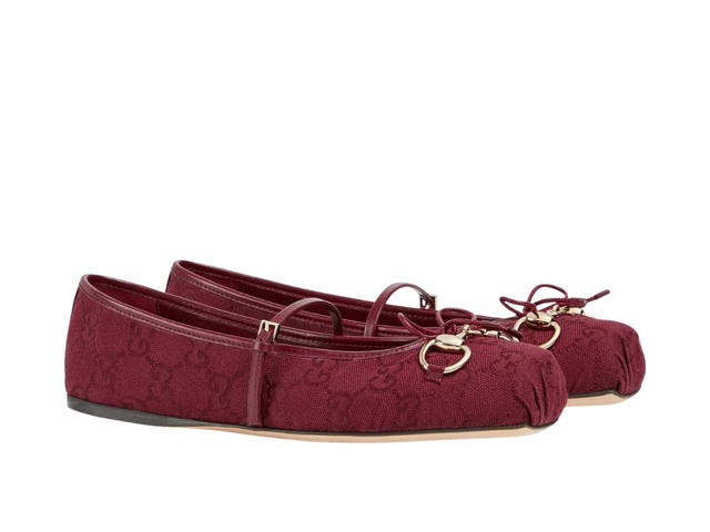 Gucci Gucci Horsebit Ballet Flat In GG canvas Gucci Rosso Ancora Red With Light Gold-Toned Hardware - view 2