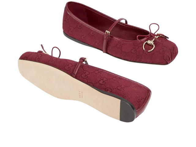 Gucci Gucci Horsebit Ballet Flat In GG canvas Gucci Rosso Ancora Red With Light Gold-Toned Hardware - view 3